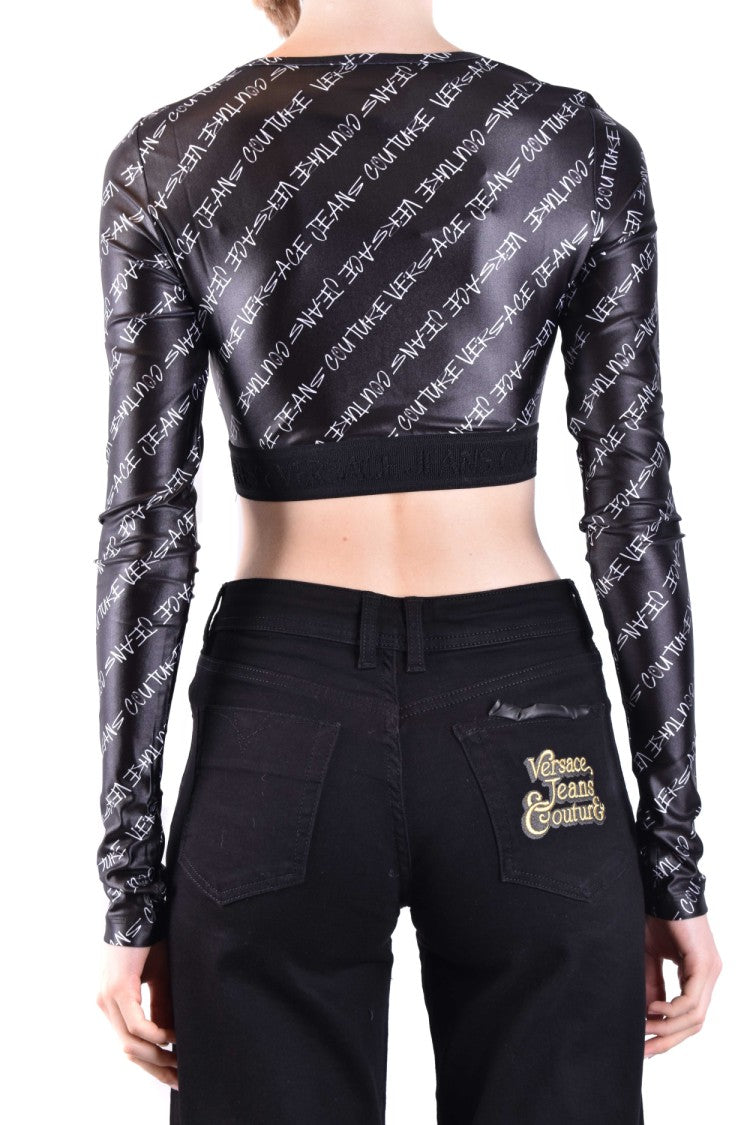 Versace Jeans Couture Long Sleeve Crop Top With Signature Logo Print And Luxurious Fit