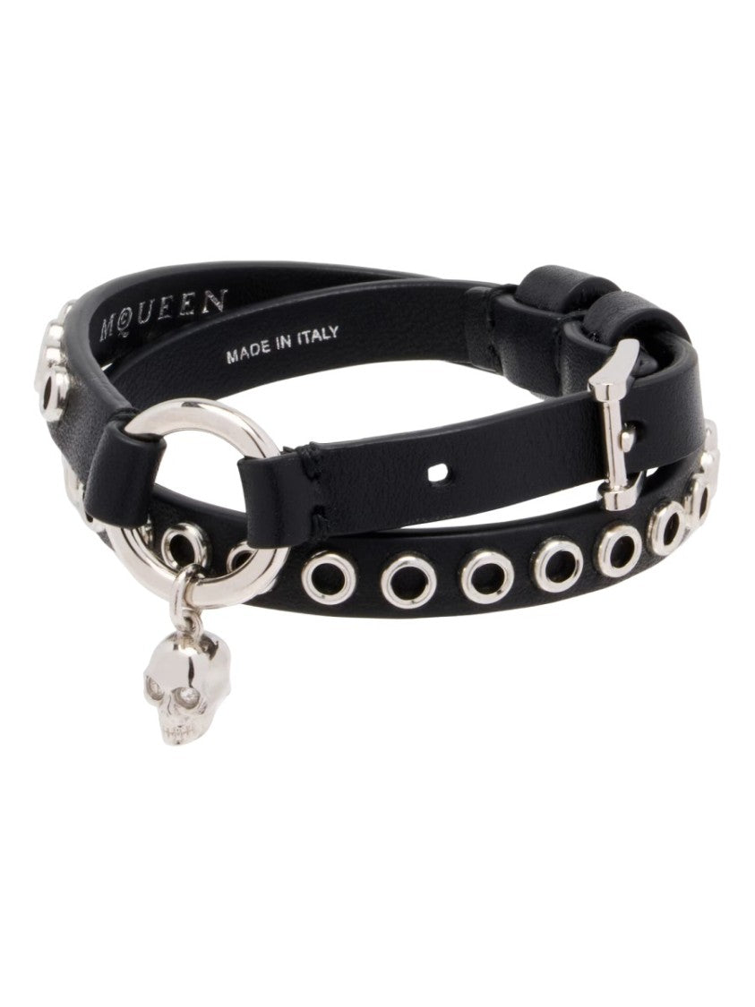 Alexander Mcqueen Skull Black Leather Double-Wrap Bracelet