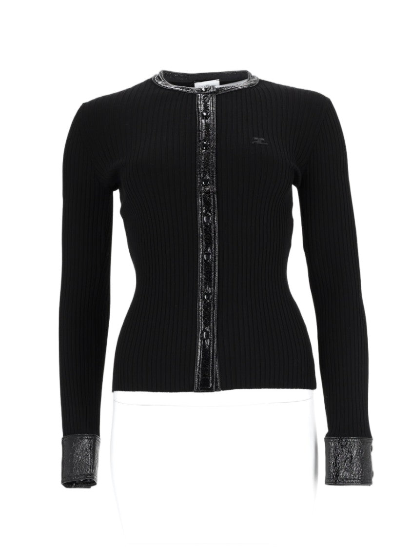 Courrèges Fitted Ribbed Cardigan With Glossy Vinyl Accents