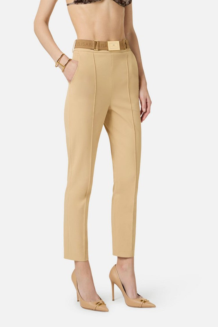 Elisabetta Franchi Camel Gold-Buckle Logo Belt Polyamide-Blend Cropped Pants