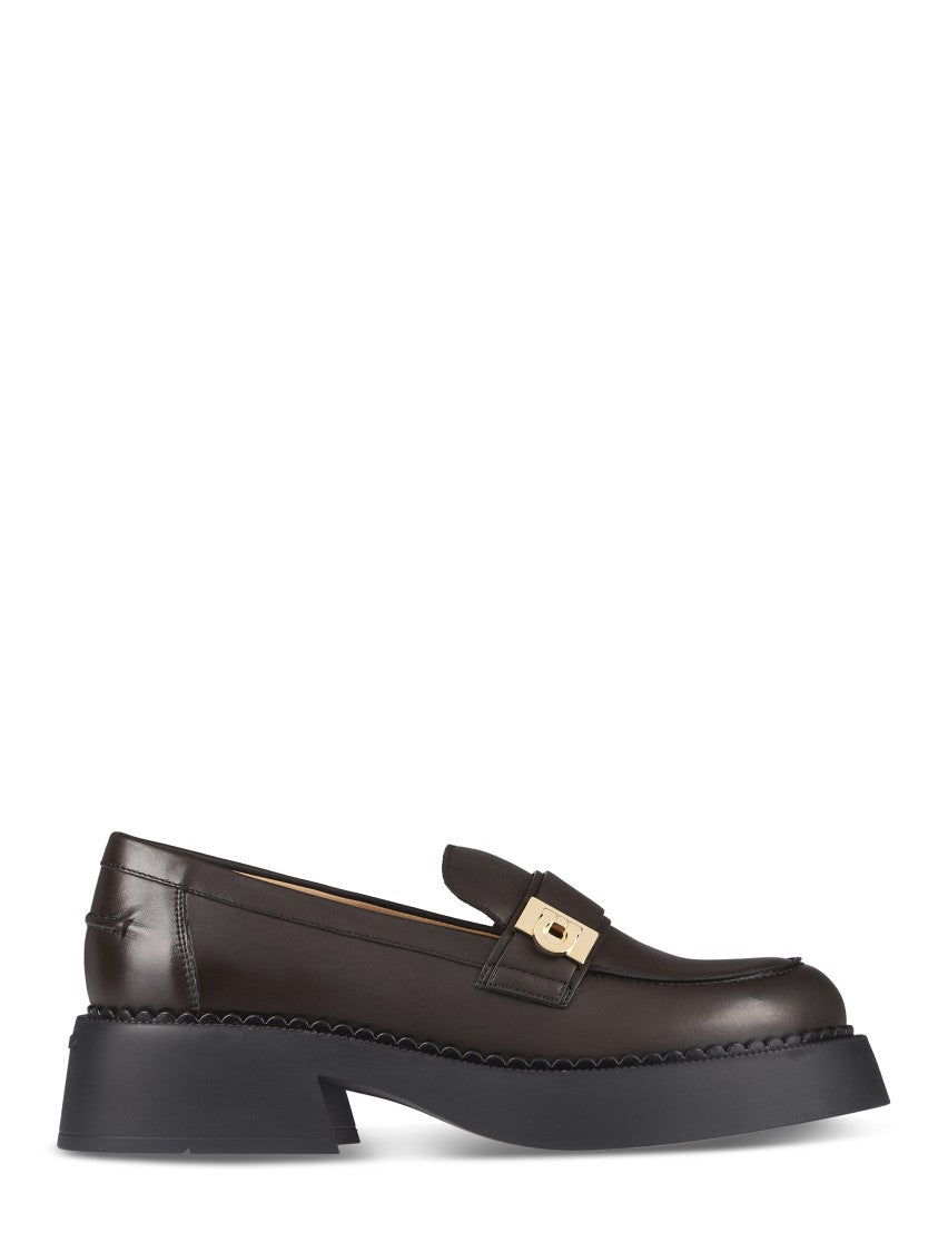 Ferragamo Rounded Toe Flat Shoes With Decorative Buckle And Block Heel