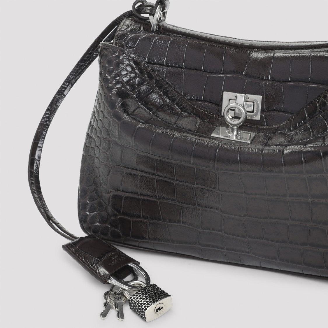 Balenciaga Textured Leather Shoulder Bag With Crocodile Pattern And Turn-Lock Closure