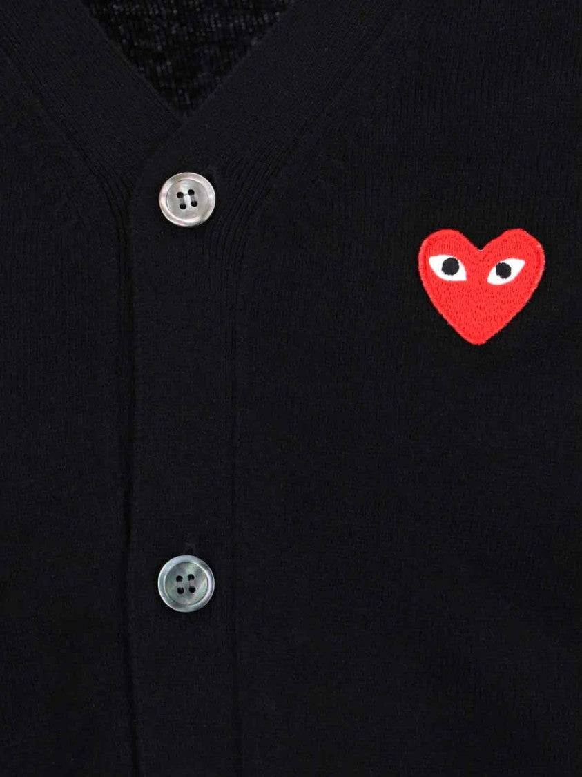 Comme Des Garçons V-Neck Black Cardigan With Iconic Heart Patch