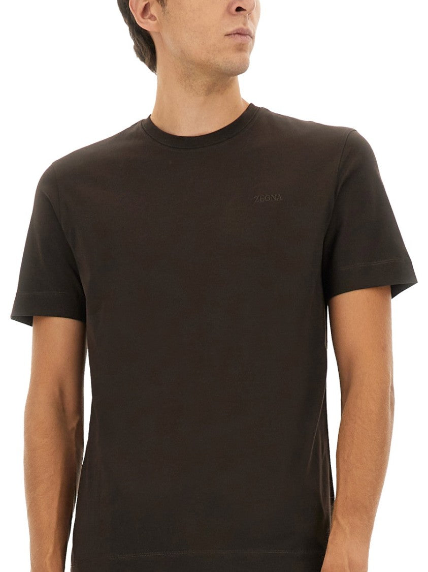 Zegna Minimalist Crew Neck T-Shirt In Dark Brown Cotton