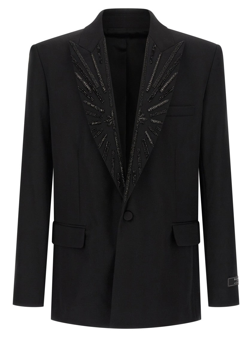 Balmain Single-Breasted Grain De Poudre Blazer With Crystal Embellishments