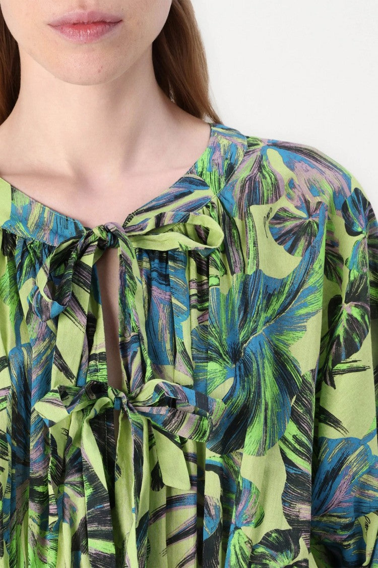 Pinko Green Tropical Leaf Print Tie-Neck Cotton Maxi Dress