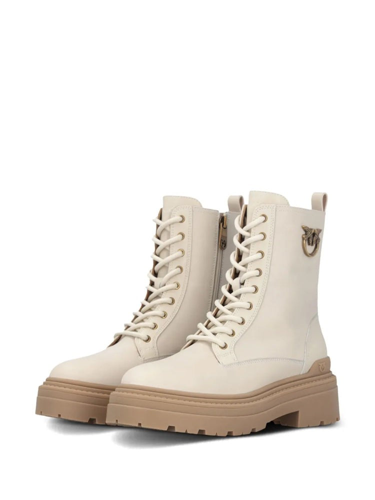 Pinko Beige Mia 11 Chunky Sole Emblem Leather Ankle Boots