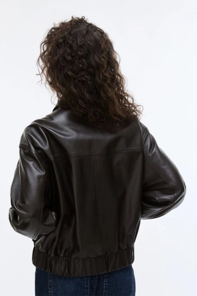 I Blues Dark Brown Glossy Cropped Bomber Jacket