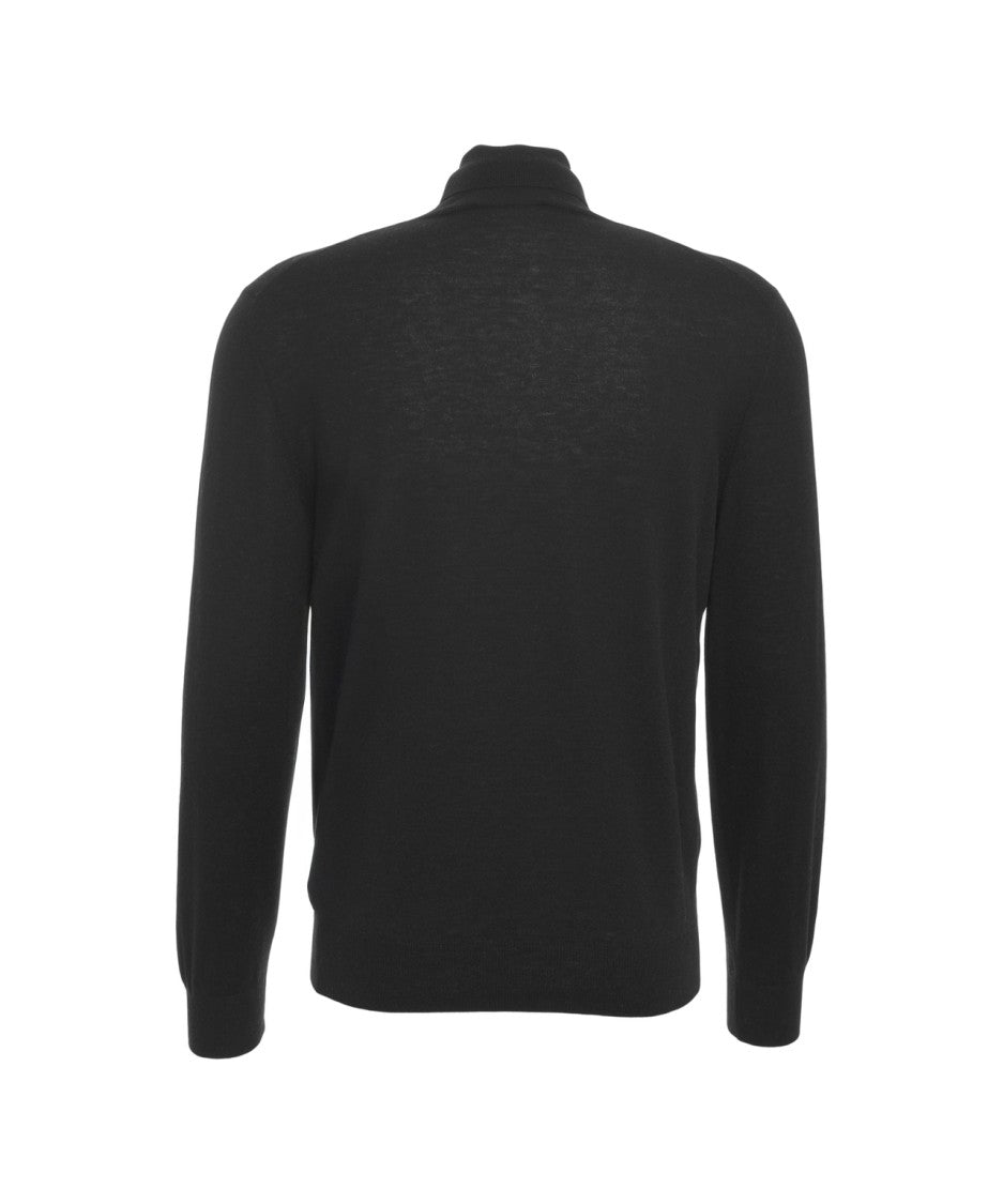 Gender Mock Neck Black Knit Sweater With Ribbed Details