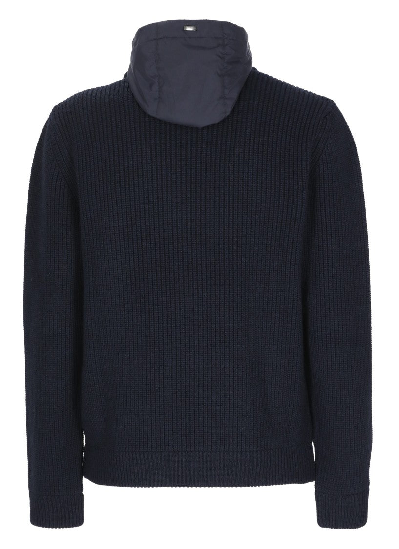 Herno Blue High Neck Wool Cardigan