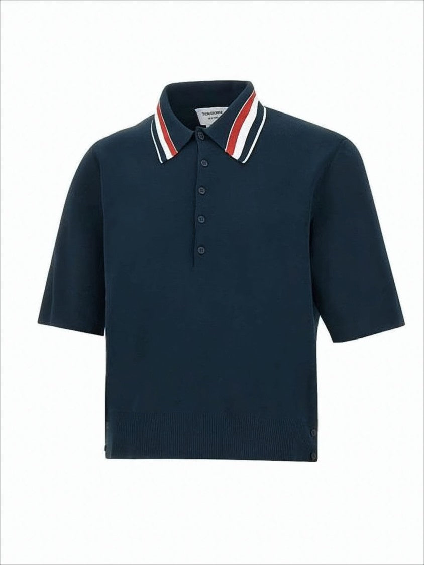 Thom Browne Navy Polo Shirt With Striped Collar And Side Button Details