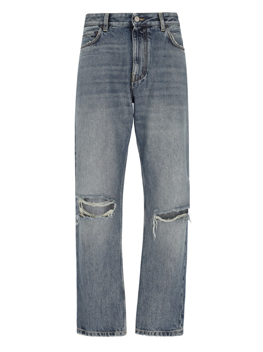 Balenciaga Destroyed Wide-Leg Jeans – Blue