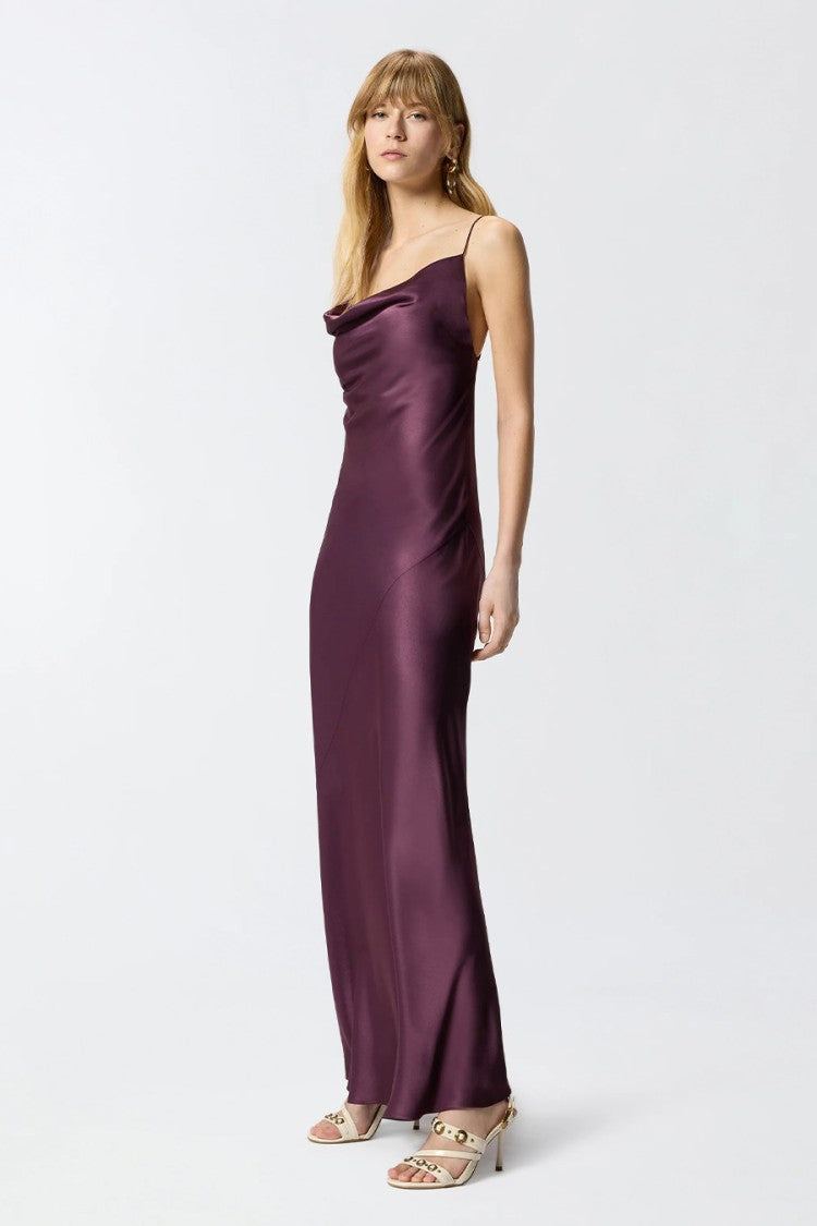 Pinko Burgundy Farro Bias-Cut Satin Acetate Slip Dress