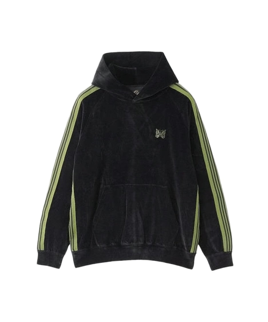 Needles Velvety Black Hoodie With Striped Sleeves