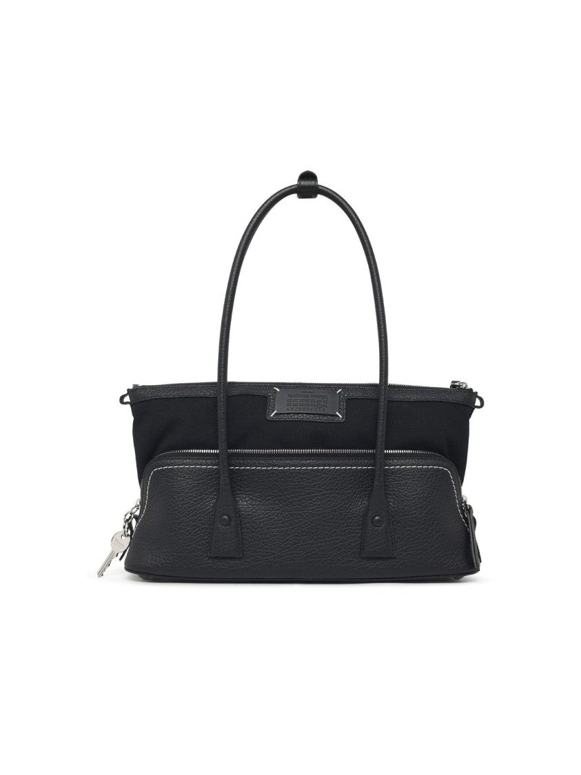 Maison Margiela Textured Black Leather Shoulder Bag With Fabric Accent