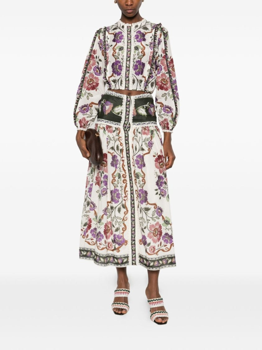 Farm Rio Multicolor Wide Floral-Trimmed Midi Skirt