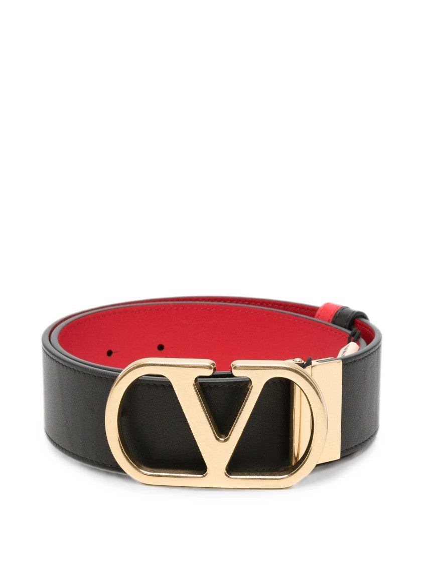 Valentino Reversible Black And Red Calf Leather Belt With Polished Logo Buckle