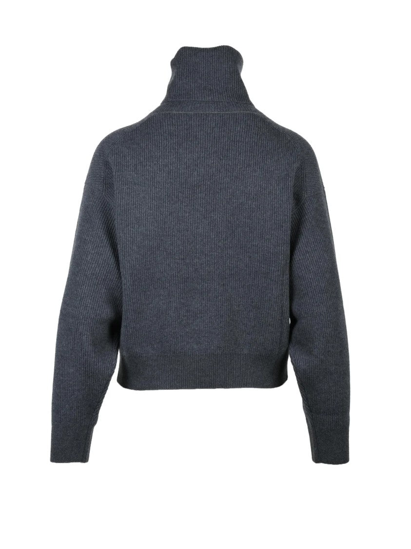 Brunello Cucinelli Grey Ribbed Virgin Wool-Blend Cropped Turtleneck Sweater