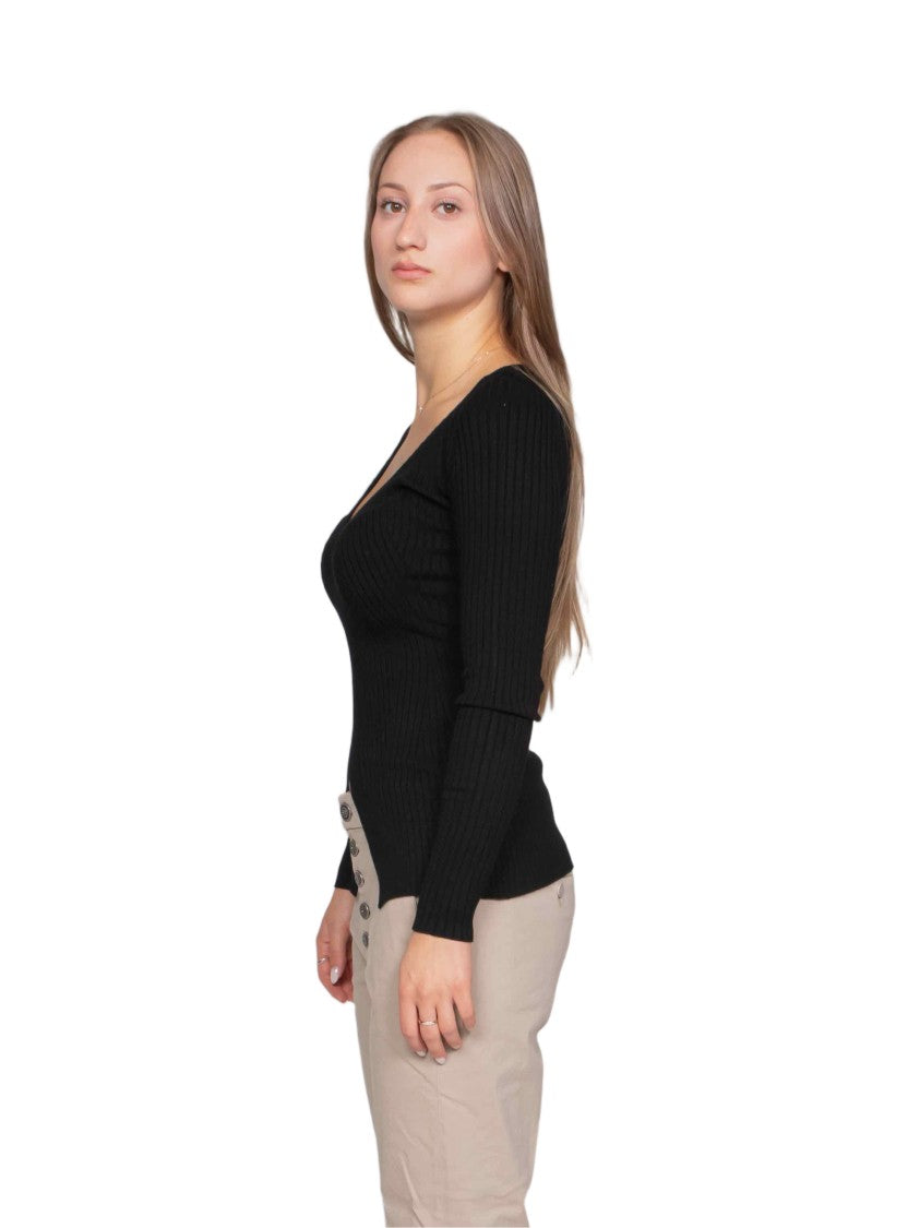 Dondup Fitted Black Top With Deep V-Neckline And Curved Hemline