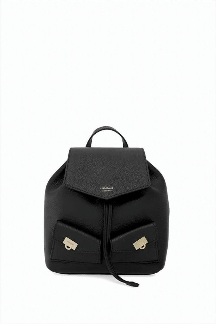 Salvatore Ferragamo Structured Black Calf Leather Backpack With Flap Closure