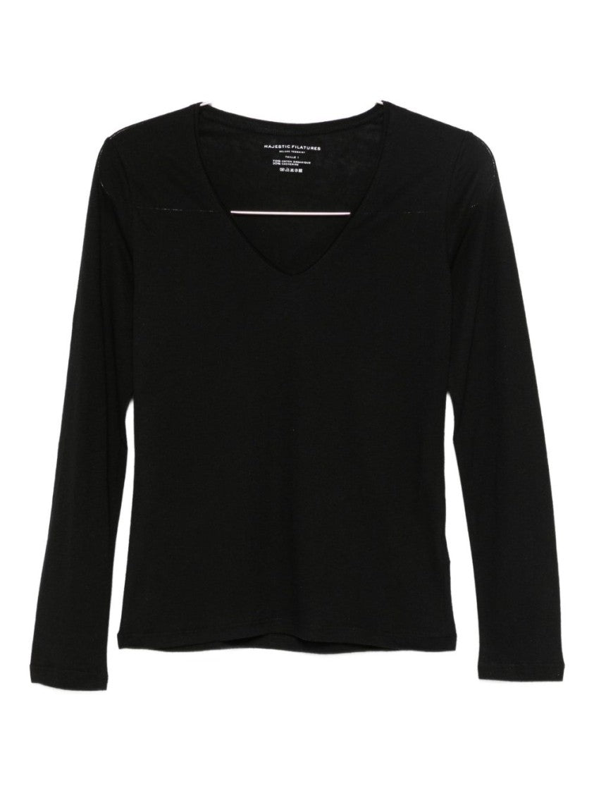 Majestic Filatures Long-Sleeved Black V-Neck Sweater In Cotton-Cashmere Blend