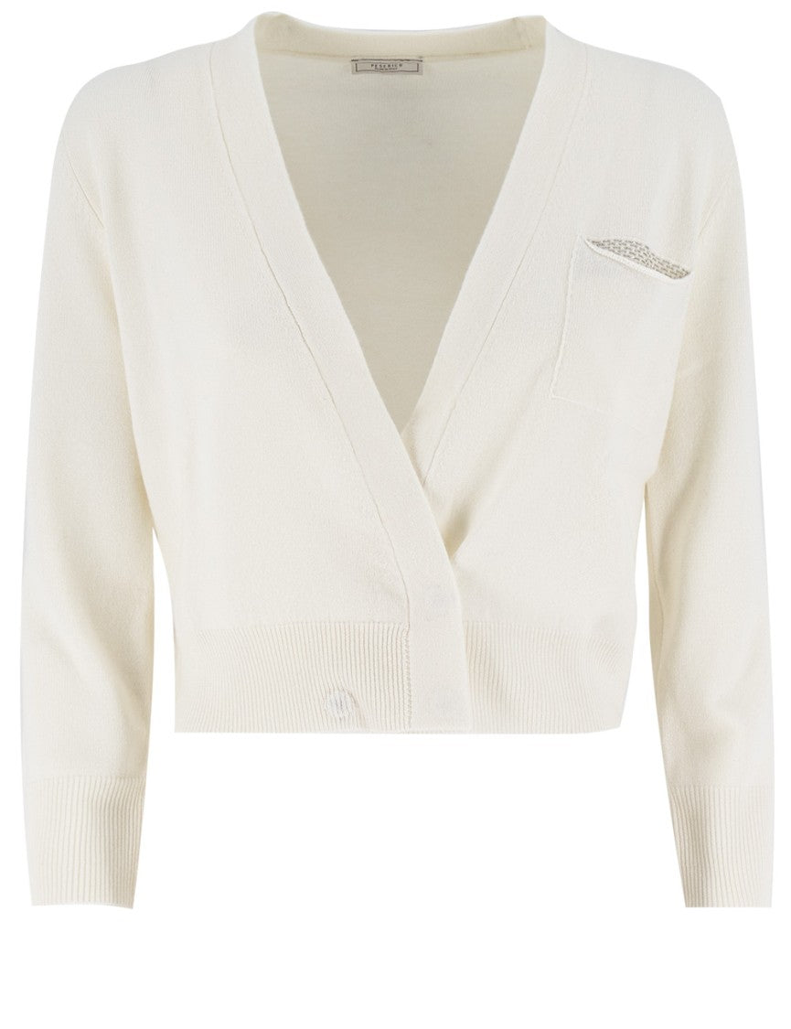 Peserico Natural White Wool Cardigan With Plunging Neckline