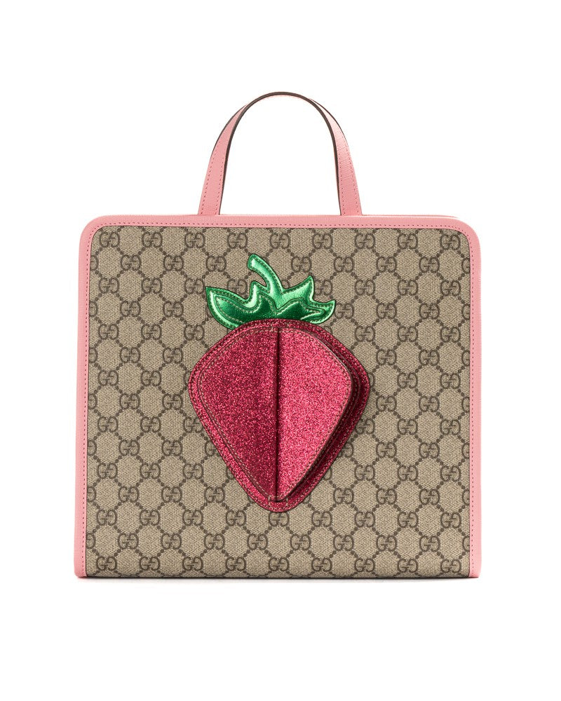 Gucci Pink Gg Supreme Strawberry Medium Canvas Tote Bag