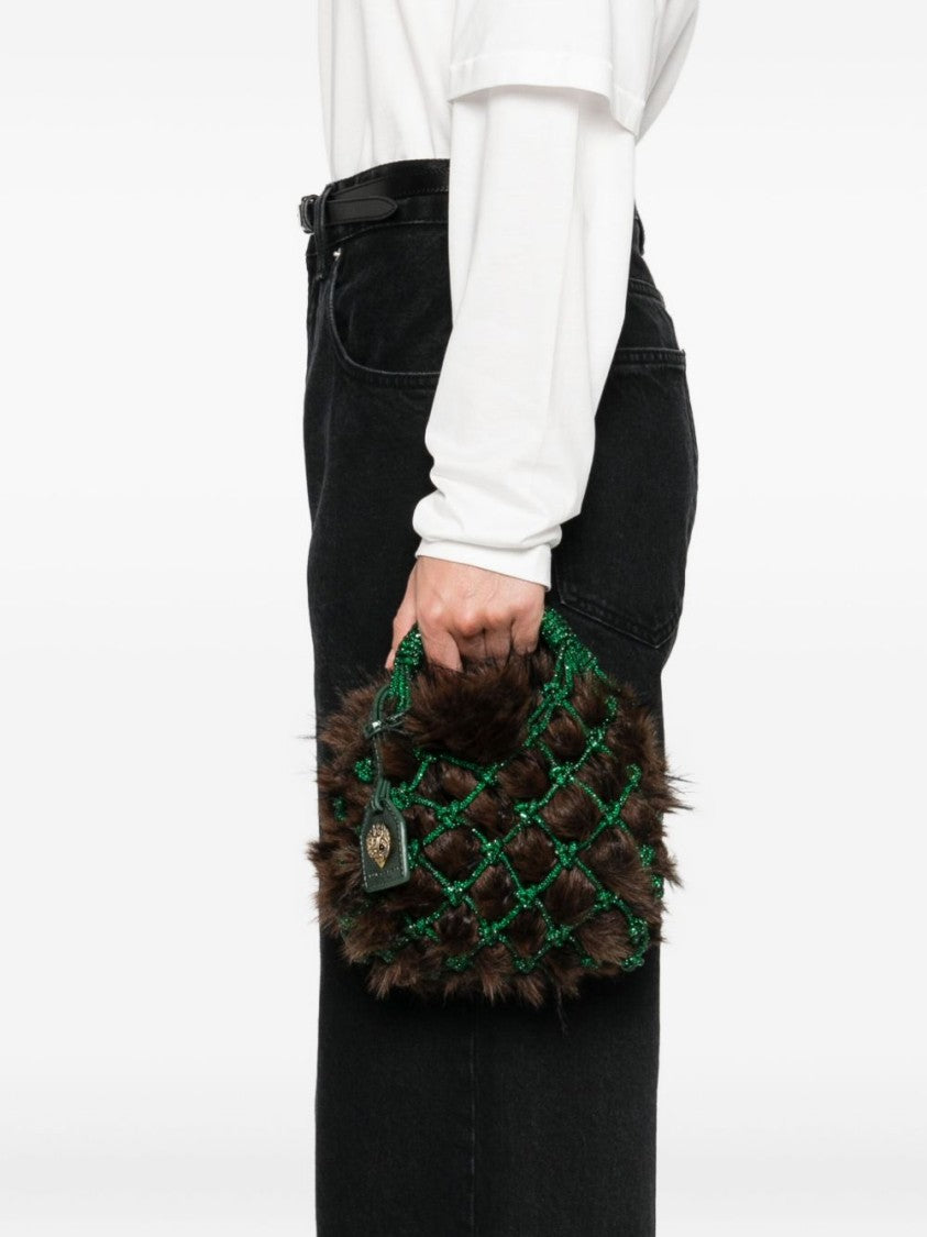Kurt Geiger Plush Brown Clutch With Green Netted Cord Design And Gold Emblem