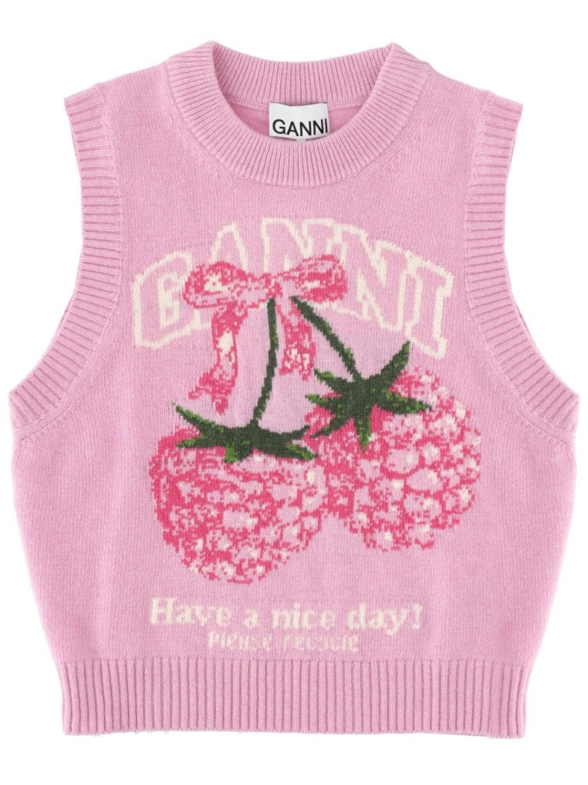 Ganni Raspberry Graphics Ribbed Edges Knit Vest