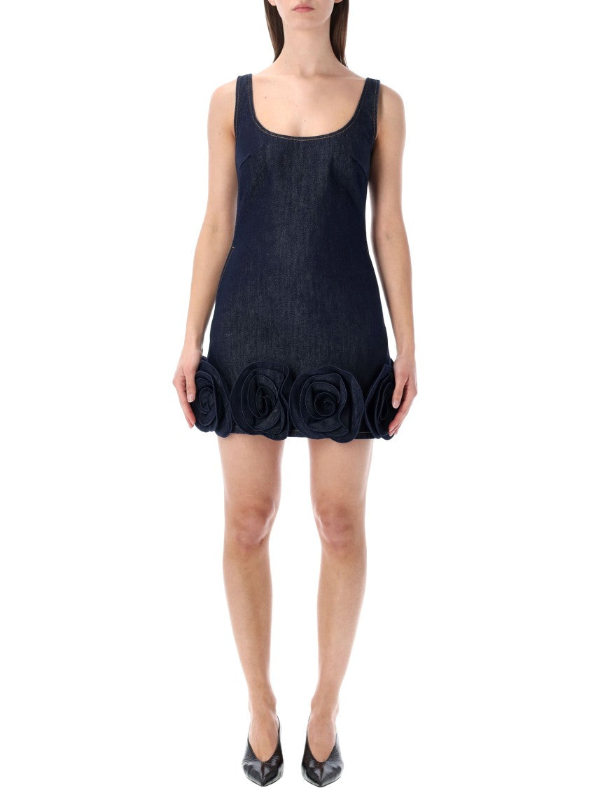 Self-Portrait Indigo Denim Floral Appliques Mini Dress