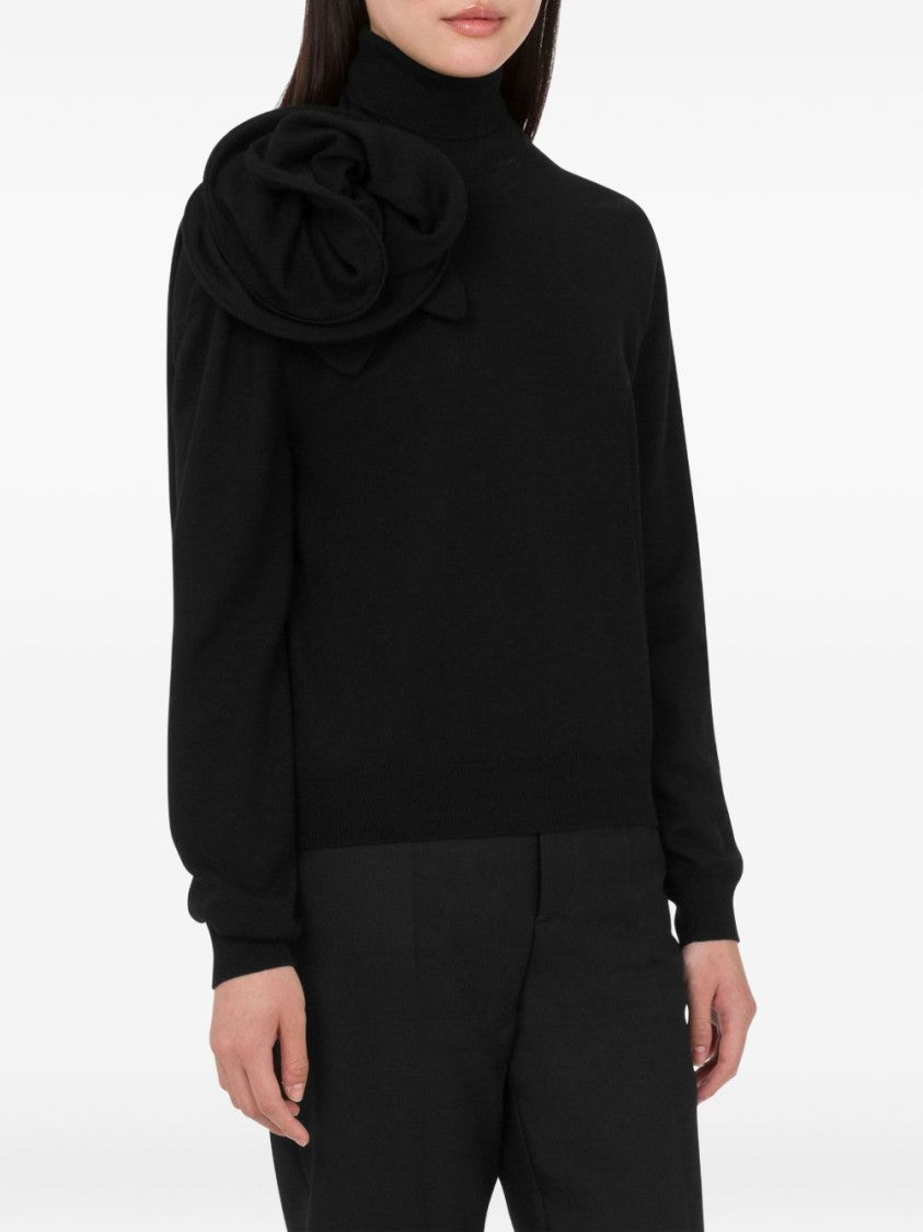Moschino Black Turtleneck Sweater With Rose Appliqué