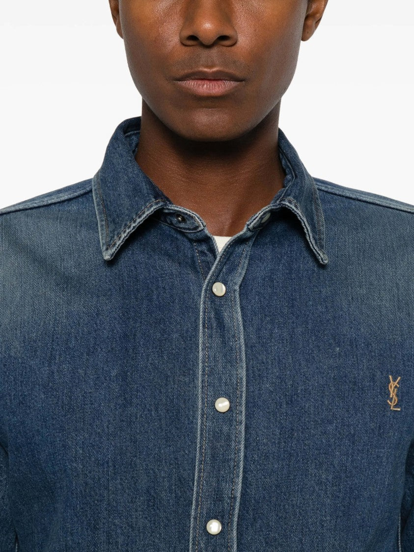 Saint Laurent Medium Blue Colorado Cassandre Pearl Button Denim Shirt