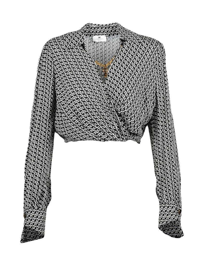 Elisabetta Franchi Black/White Geometric Wrap Viscose Blouse