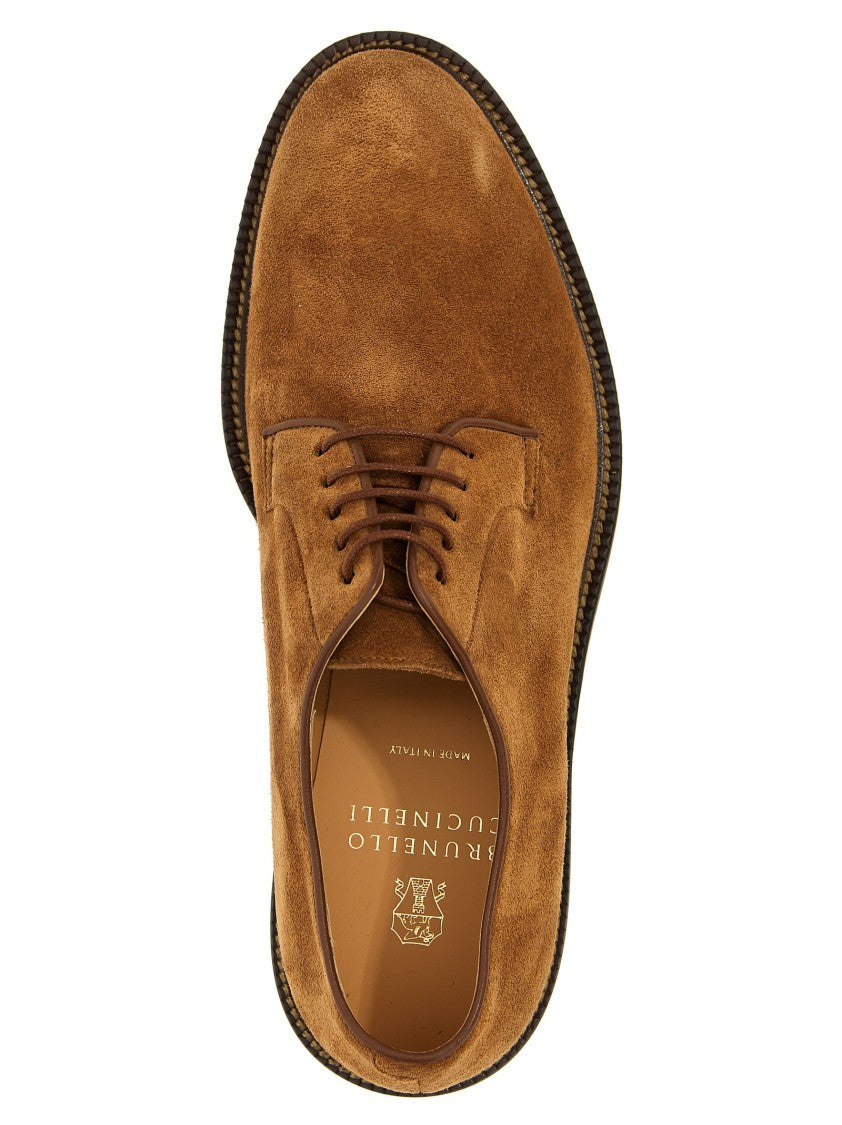 Brunello Cucinelli Brown Suede Derby Shoes With Lace-Up Design And Durable Sole
