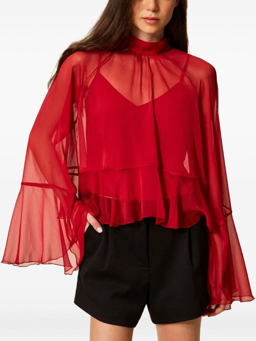 Twin-Set Cropped Red Sheer Blouse With Bell Sleeves