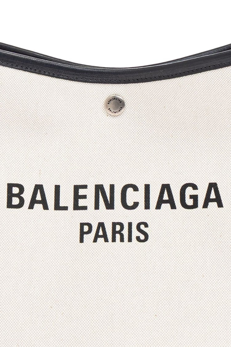 Balenciaga Rectangular Canvas Shoulder Bag With Leather Trim And Bold Accents