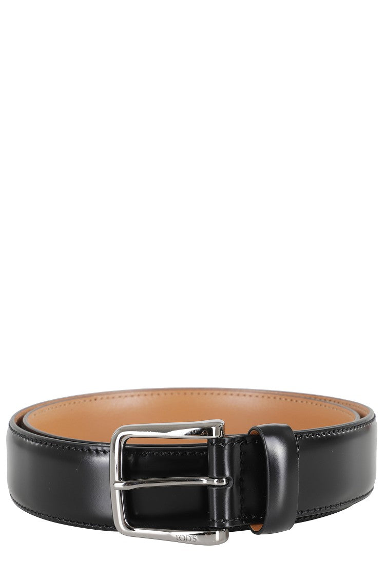 Tod's Black Leather Belt With Polished Silver Buckle