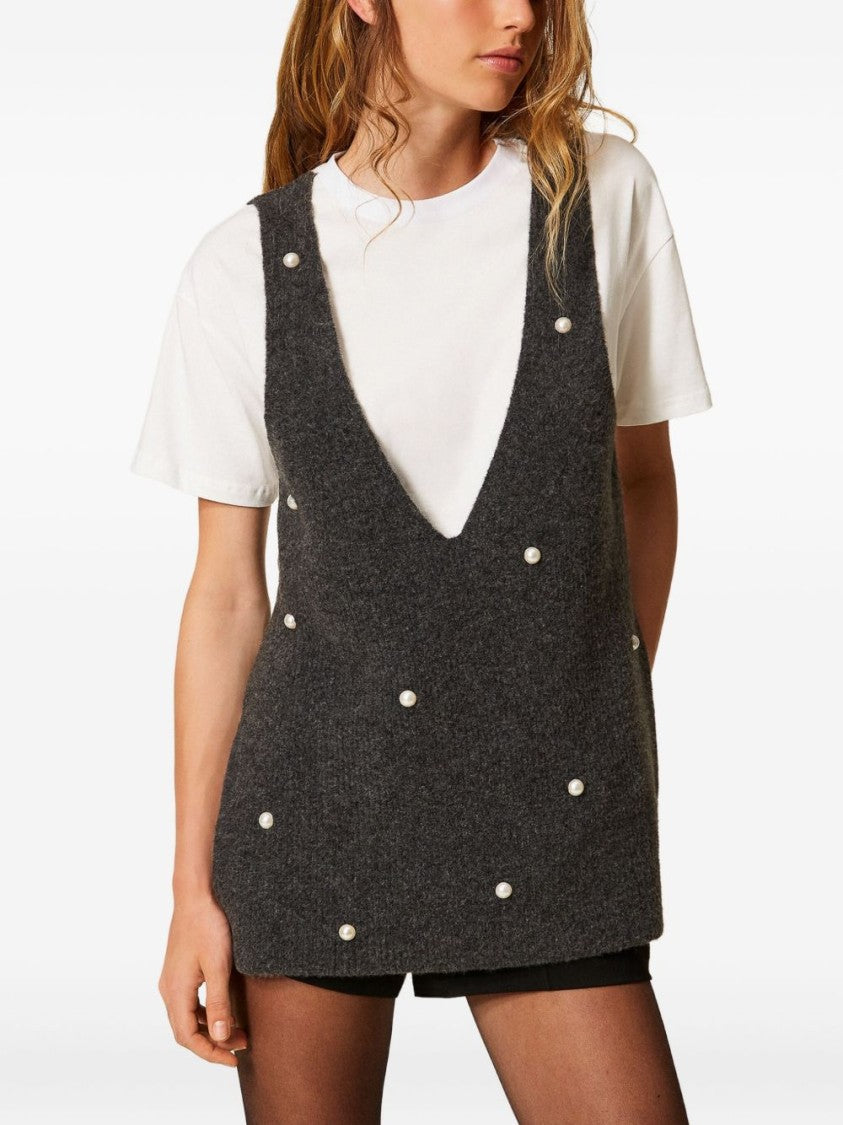 Twin-Set Grey Charcoal Sleeveless Knit Vest Over White T-Shirt