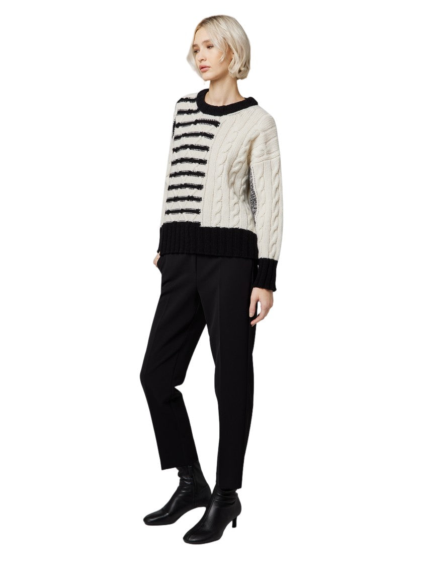 Alpha Studio Cable Knit Patchwork Long-Sleeve Crewneck Sweater