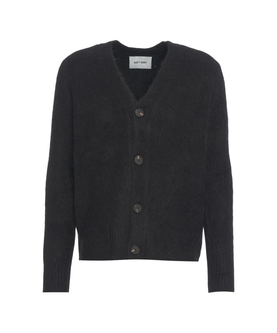 Soft Goat Alpaca Knit Cardigan With V-Neck And Ribbed Details