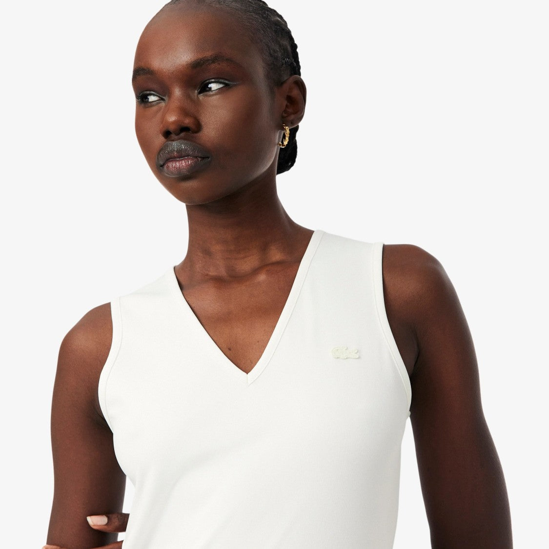 Lacoste White V-Neck Pleated Midi Dress