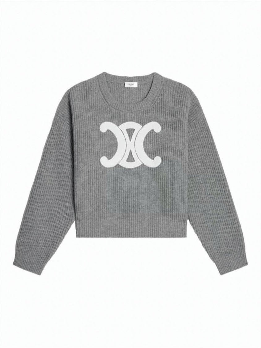 Celine Ribbed Knit Sweater With Center Logo Emblem