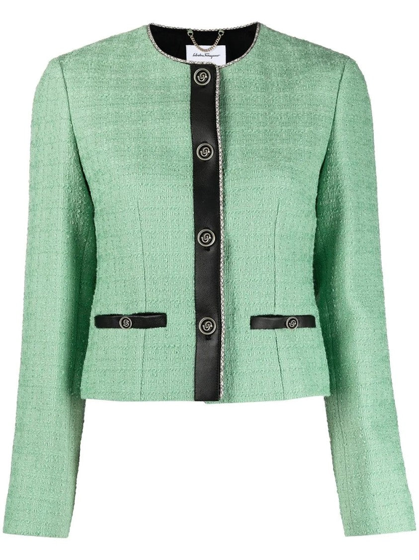 Salvatore Ferragamo Textured Wool Cropped Jacket With Decorative Buttons