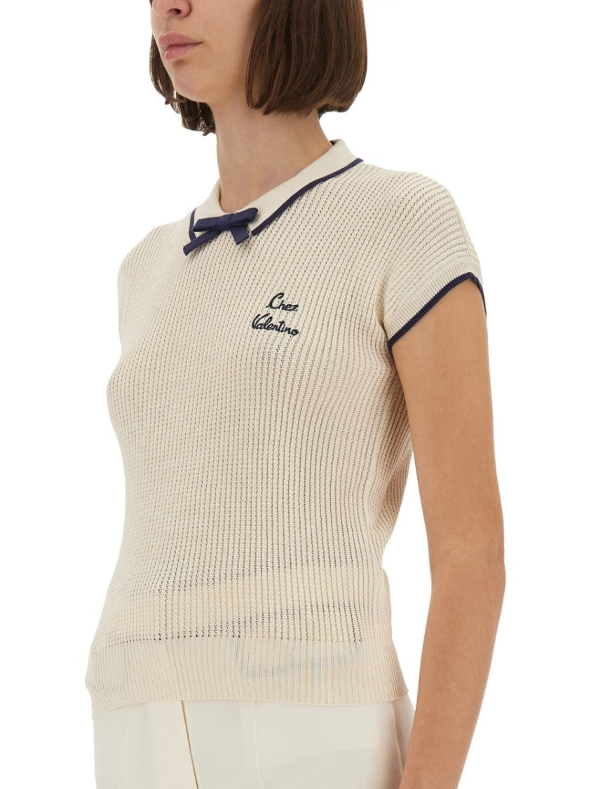 Valentino Textured Knit Slim-Fit Top With Bow Detail