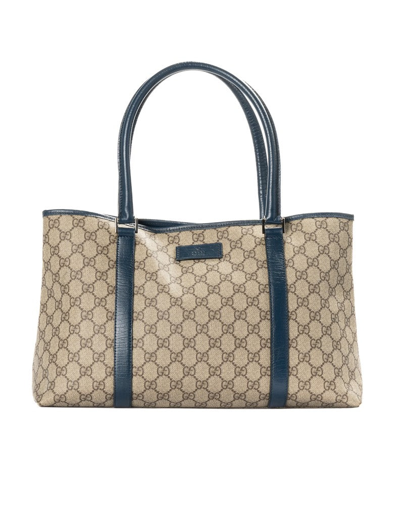 Gucci Rectangular Medium Gg Supreme Canvas Tote With Blue Leather Accents