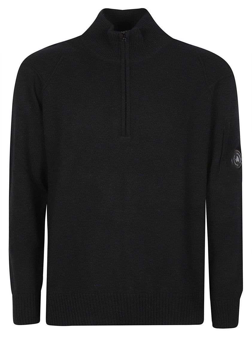 C.P. Company Black Half Zip Minimalist Wool-Blend Zip-Through Knit