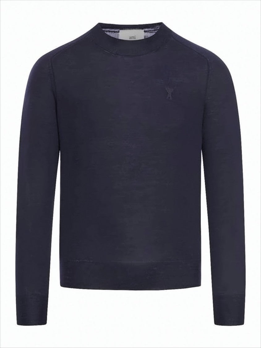 Ami Paris Merino Wool Crew Neck Sweater With Subtle Logo