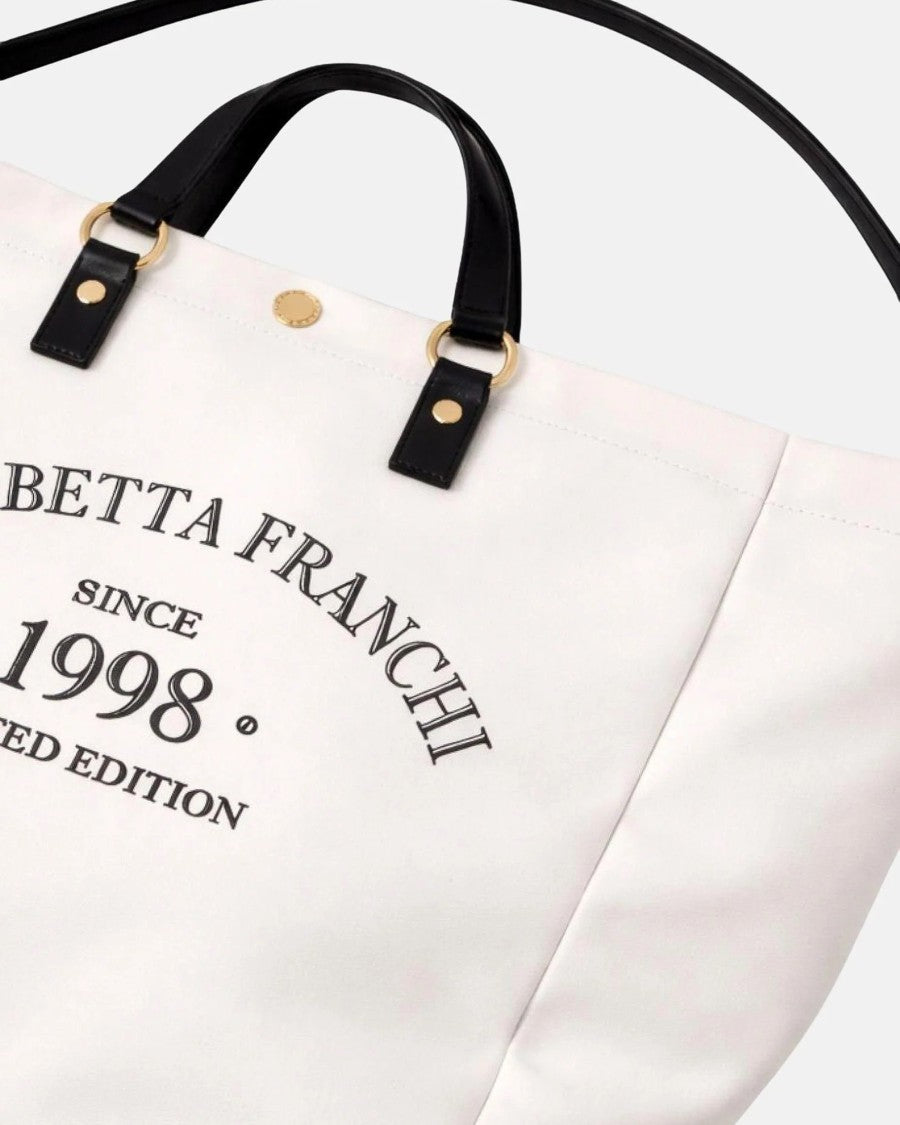 Elisabetta Franchi Spacious Ivory And Black Tote Bag With Gold Accents