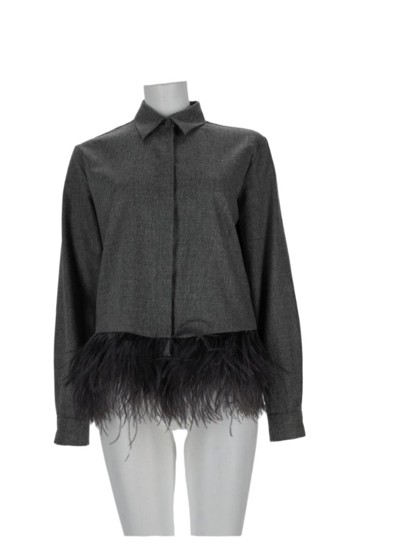 Fabiana Filippi Long-Sleeved Feathered Trim Wool-Blend Shirt