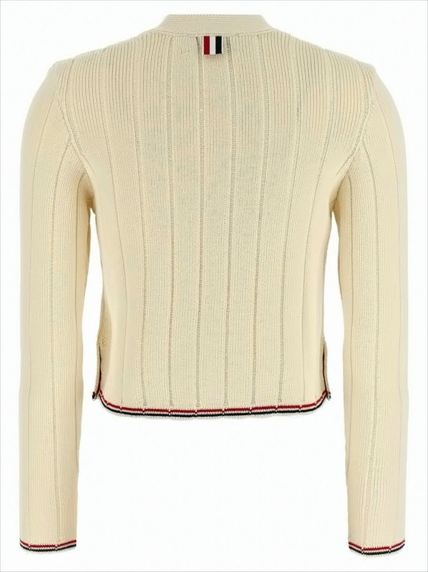 Thom Browne Ribbed Knit Cardigan With Cropped Silhouette And Iconic Stripe Accents